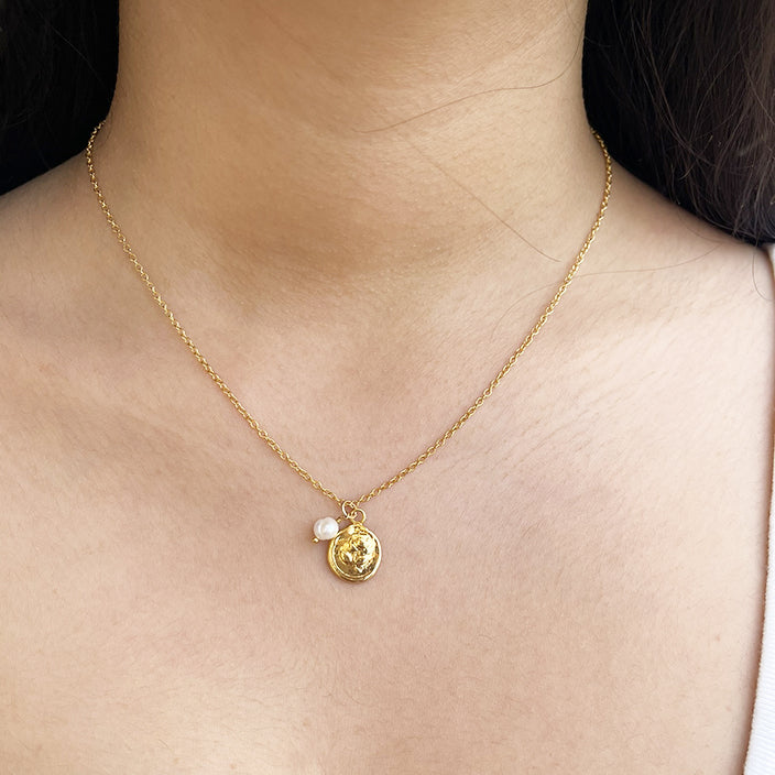 Dainty Gold Flower Necklace with Tiny Pearl Charm