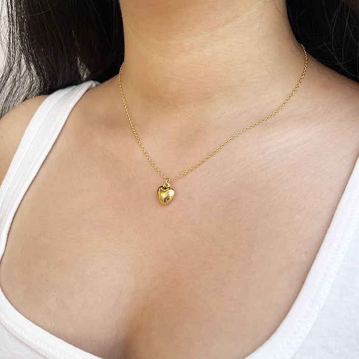 Gold puffed Heart Pendant Dainty Necklace