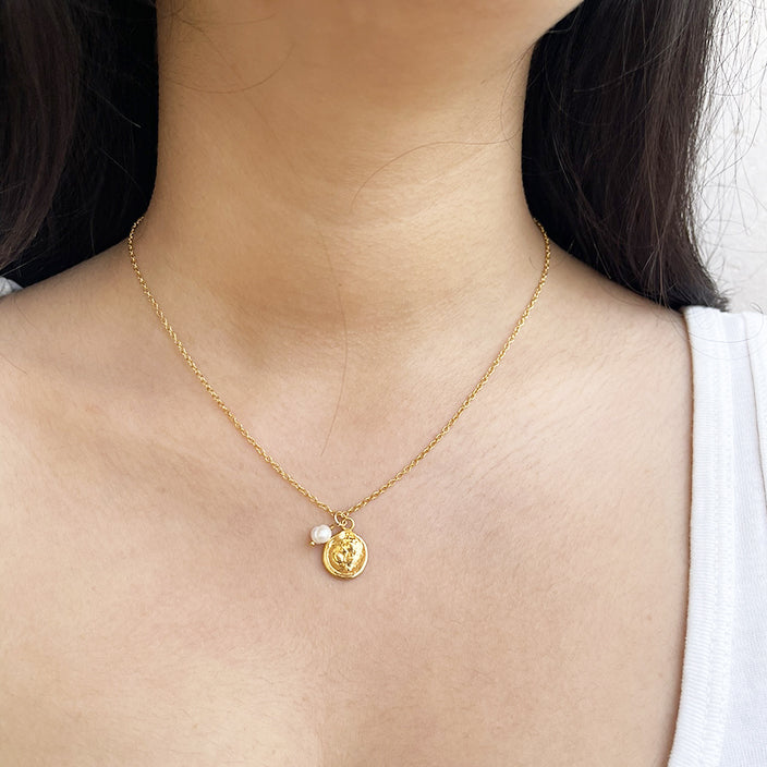 Dainty Gold Flower Necklace with Tiny Pearl Charm