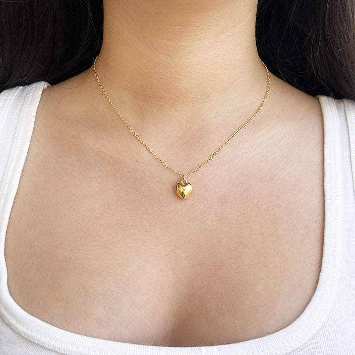 Gold puffed Heart Pendant Dainty Necklace