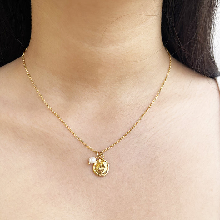 Dainty Gold Flower Necklace with Tiny Pearl Charm