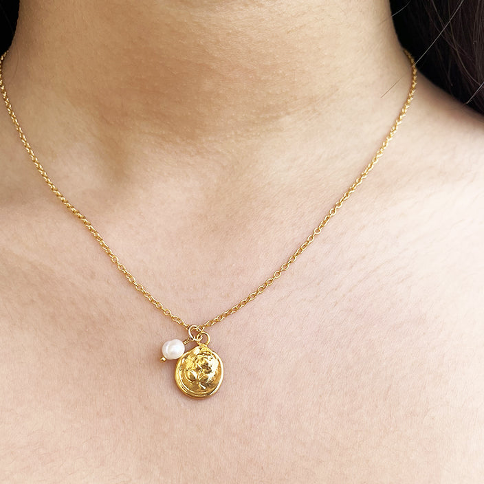 Dainty Gold Flower Necklace with Tiny Pearl Charm