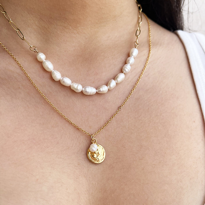 Dainty Gold Flower Necklace with Tiny Pearl Charm
