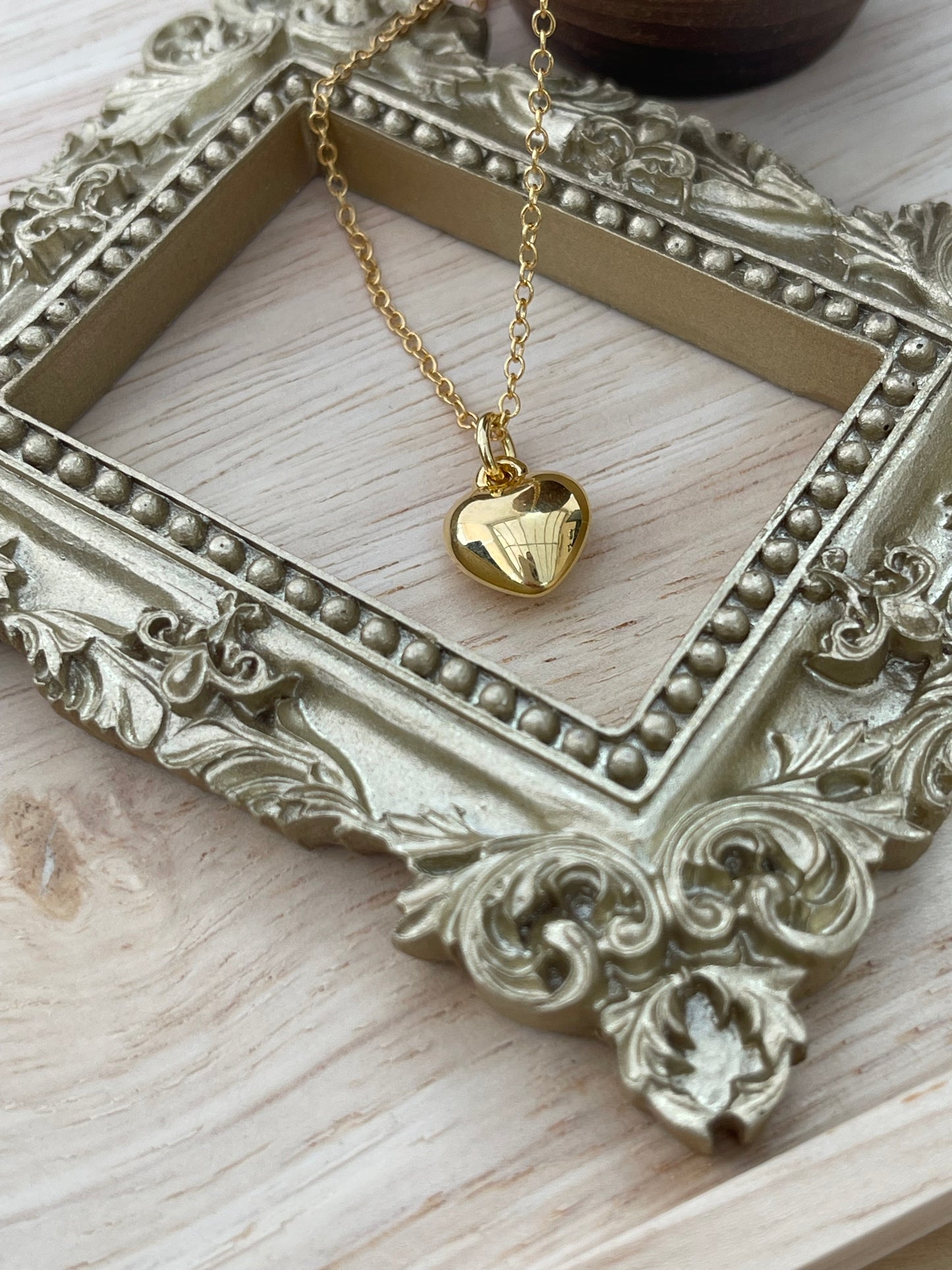 Gold puffed Heart Pendant Dainty Necklace