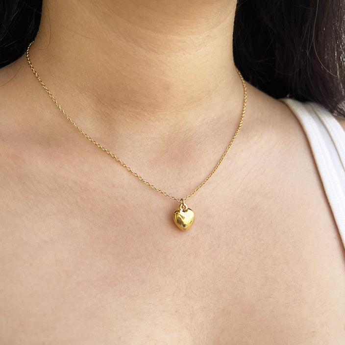 Gold puffed Heart Pendant Dainty Necklace