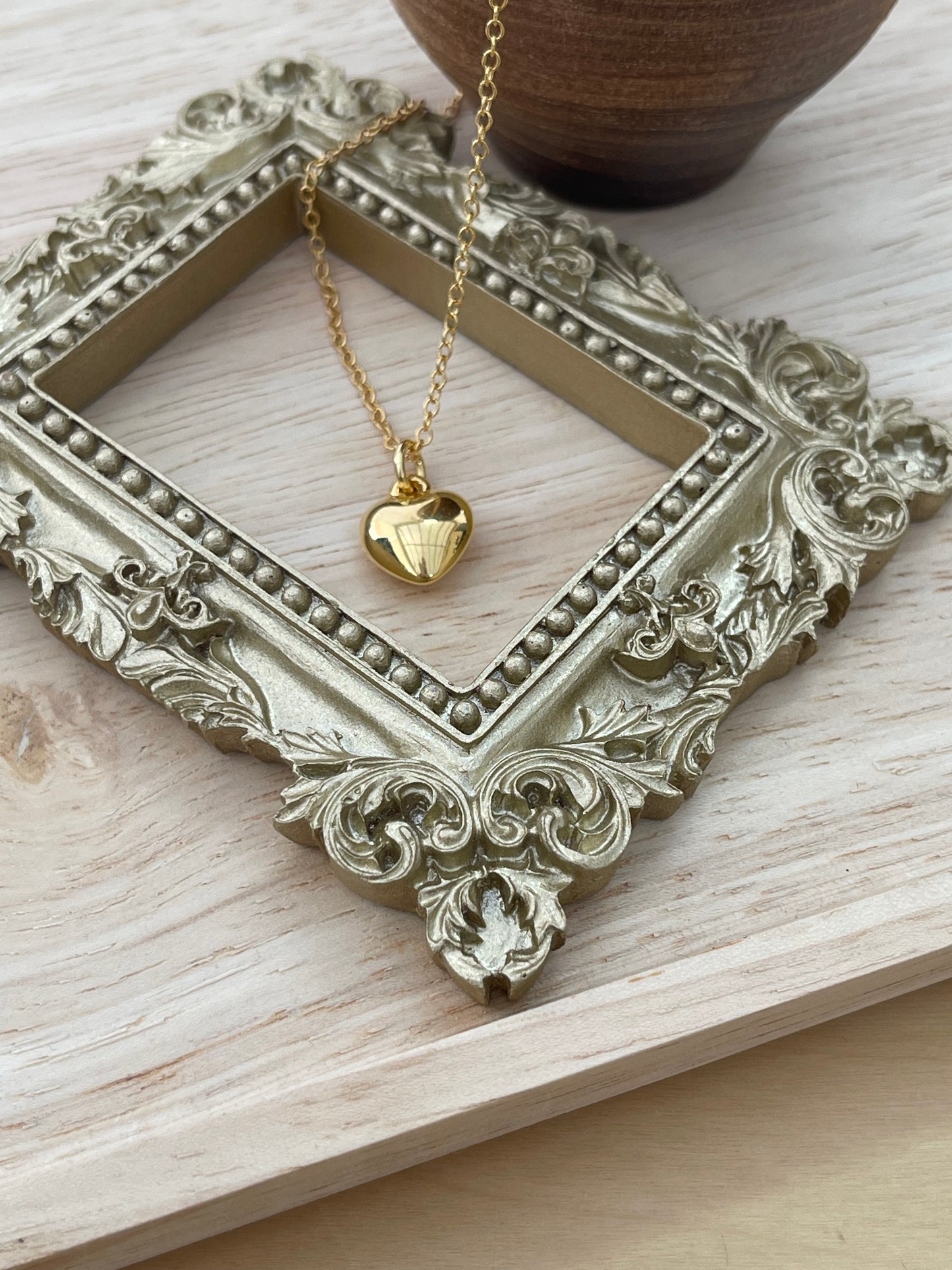 Gold puffed Heart Pendant Dainty Necklace