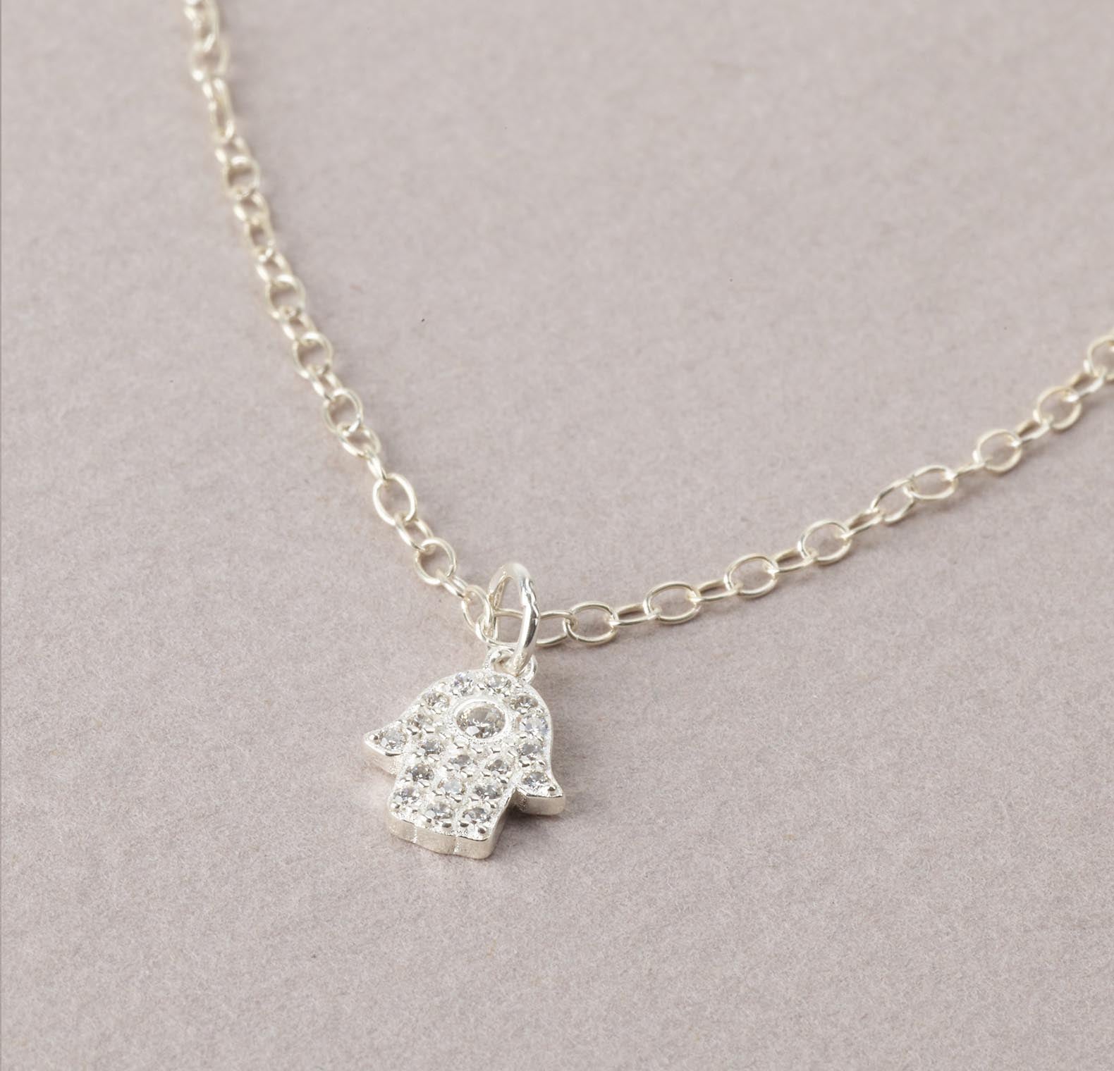 Sterling Silver CZ Hamsa Necklace - HLcollection - Handmade Gold and Silver Jewelry